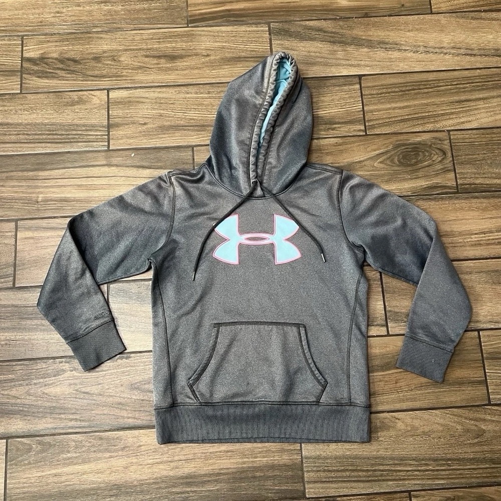 Under Armour ColdGear Hoodie Womens Medium Gray Pink Logo Pullover Sweatshirt